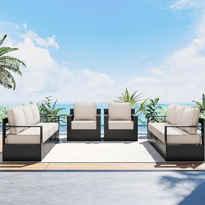 Outdoor Patio Furniture Set, 4-Piece Aluminum Patio Conversation Set All-Weather Metal Outdoor Sectional with 6 Inch Thick Cushions, Deep Setting for Garden, Outside and Porch