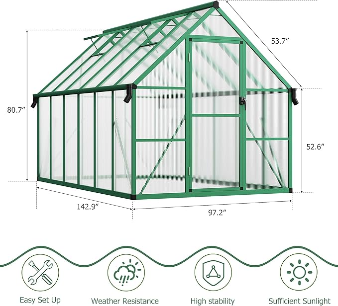 CABIHOME 8x12 FT Outdoor Greenhouse, Polycarbonate Greenhouse with Roof Vent and Ground Nails, Aluminum Large Walk-in Green House w/ Lockable Push Door for Outside Garden Backyard (Green, 8x12 FT)