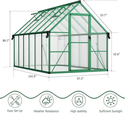 CABIHOME 8x12 FT Outdoor Greenhouse, Polycarbonate Greenhouse with Roof Vent and Ground Nails, Aluminum Large Walk-in Green House w/ Lockable Push Door for Outside Garden Backyard (Green, 8x12 FT)
