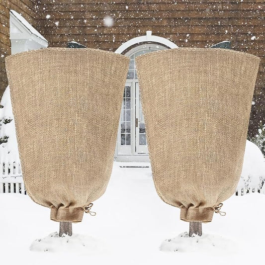 Riare 2 Packs 45 × 70 Inch Burlap Winter Plant Cover Bags with Drawstring- Reusable Large Burlap Sack Plant Frost Protector, Plant Frost Cloth Cold Tree Freeze Blanket for Outdoor Plants Shrubs Fruit