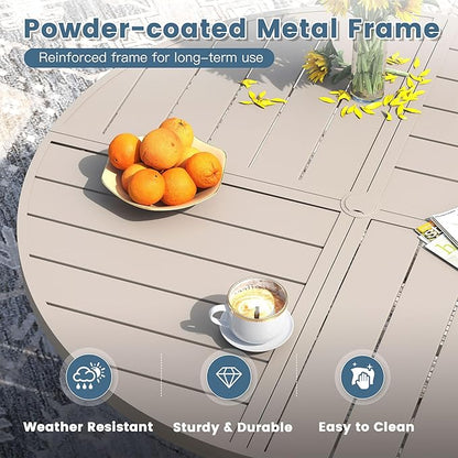 DIFY 59.8" Round Outdoor Patio Dining Table for 8-10, All-Weather Metal Steel Slatted Patio Table with 1.57" Adjustable Umbrella Hole, for Lawn Garden Porch Backyard, Sandshell