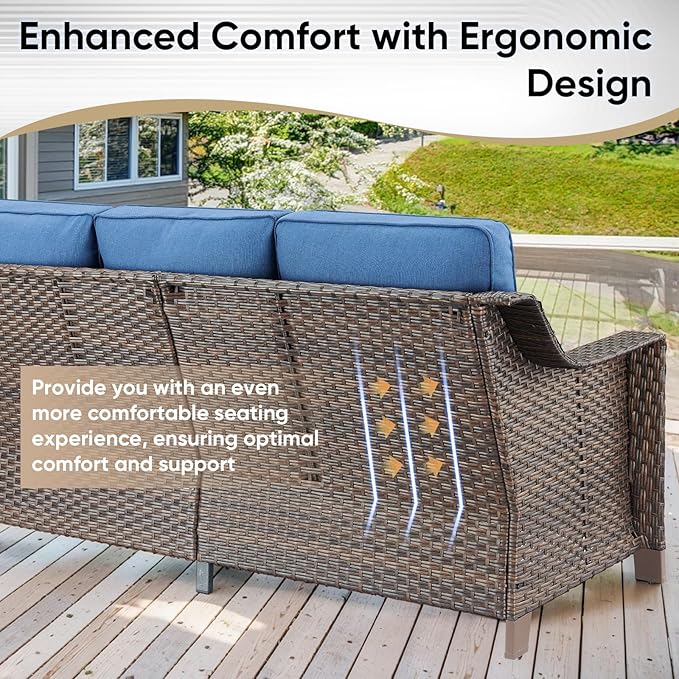 5 Pieces Wicker Patio Furniture Set-Outdoor High Back Sofa with Rattan Wicker Chairs Outdoor Furniture for Porch Garden Backyard Poolside-Brown/Blue