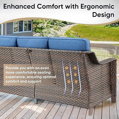 5 Pieces Wicker Patio Furniture Set-Outdoor High Back Sofa with Rattan Wicker Chairs Outdoor Furniture for Porch Garden Backyard Poolside-Brown/Blue