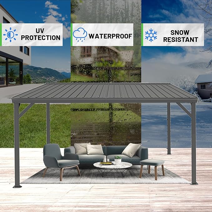 10x14FT Lean to Gazebo, Outdoor Hardtop Wall Mount Gazebo with Gutter & Sloping Galvanized Steel Roof, Metal Hard Top Awnings for Deck, Porch, Backyard