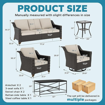 7 Pieces Outdoor Conversation Furniture Set - 77" Patio sofa, 2 Armchairs, 2 Swivel Glider Chairs, 1 Side Table, 1 Metal Coffee Table, Wicker Couch with Washable Cushions for Porch (Beige)