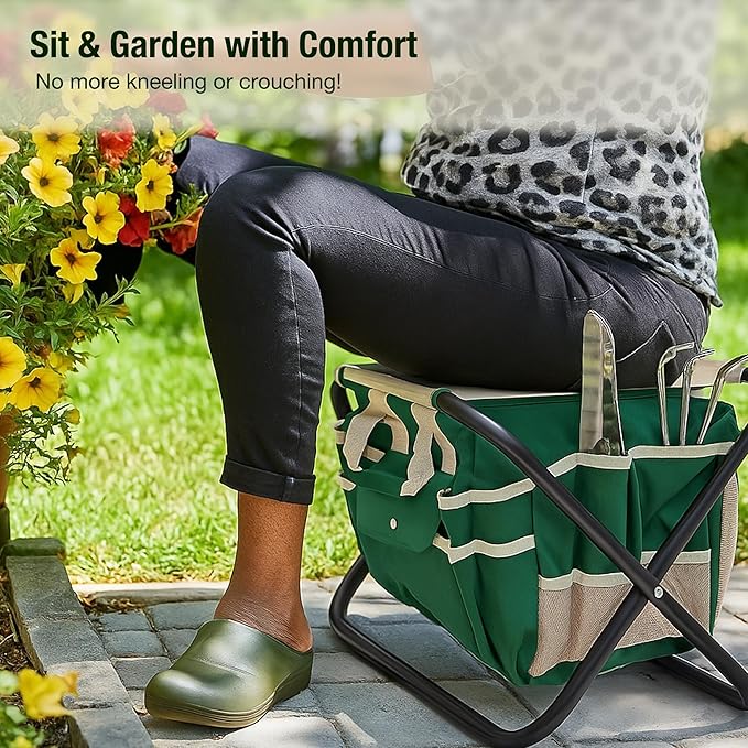 GardenHOME 7-Piece Gardening Tool Set – Stainless Steel Hand Tools with Wooden Handles, Folding Stool, and Canvas Tote Bag, Yard Maintenance Kit for Gardeners, Women, and Beginners