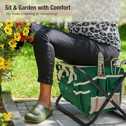 GardenHOME 7-Piece Gardening Tool Set – Stainless Steel Hand Tools with Wooden Handles, Folding Stool, and Canvas Tote Bag, Yard Maintenance Kit for Gardeners, Women, and Beginners
