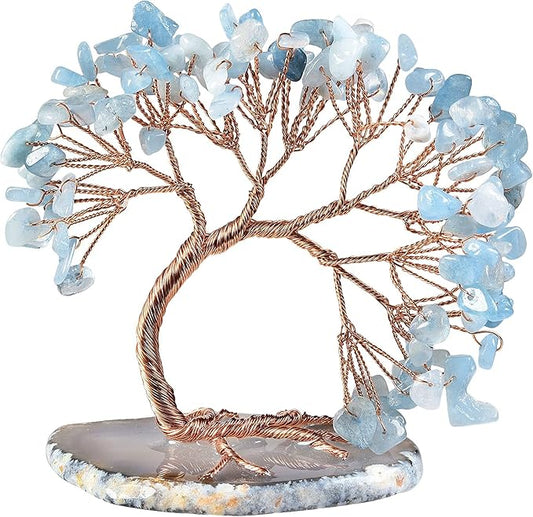 TUMBEELLUWA Reiki Crystal Money Tree with Agate Slice Base Feng Shui Stone Bonsai Tree Figure Decor for Happiness Good Luck and Wealth, Aquamarine