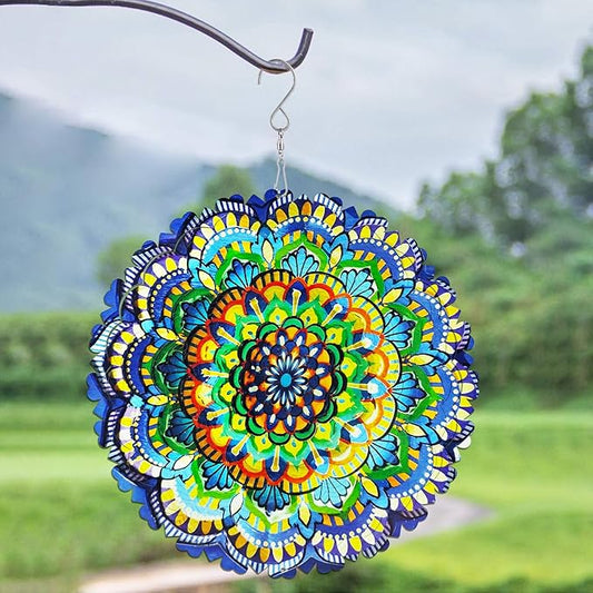 Wind Spinners Flowers Lucky Star 12 inch 3D Stainless Steel Laser Cut Metal Art Geometric Pattern Wind Sculpture Hanging for Yard Garden Decorations Gifts Indoor Outdoor