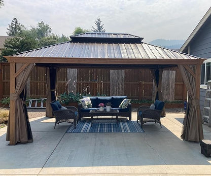 12’ x 16’ Hardtop Gazebo Outdoor Aluminum Wood Grain Gazebos with Galvanized Steel Double Canopy for Patios Deck Backyard,Curtains&Netting by domi outdoor living