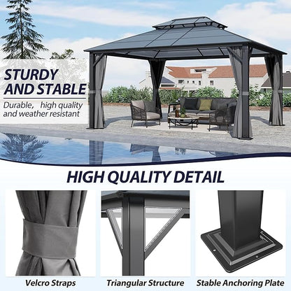 12' x 14' Hardtop Gazebo, Outdoor Polycarbonate Double Roof Gazebo with Metal Frame Permanent Pavilion with Netting& Curtains for Garden, Patio