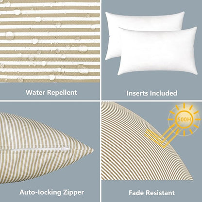 LVTXIII Outdoor/Indoor Lumbar Pillows, Decorative Patio Lumbar Cushions, Fluffy Water Repellent Garden Cushions for Home Patio Coach Sofa Use, 12×20 Inch, Pack of 2, Stripe Beige