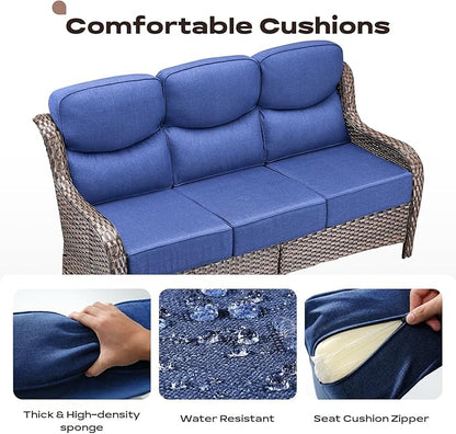 Rilyson Wicker Outdoor Patio Furniture Set - 6 Piece Patio Conversation Sets with Swivel Rocker Chairs, Ottomans, Sofa and Side Table, 6 inch Cushions, Waterproof Wicker, for Porch Deck Brown/Blue
