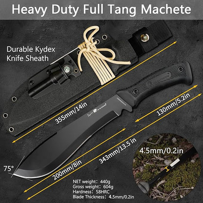 HX Outdoors 14 Inch Bush Machete Kukri Knife, Premium D2 Steel Full Tang Gardening Machete Knife with Kydex Sheath for Outdoor, Camping, Clearing Brush (Black)