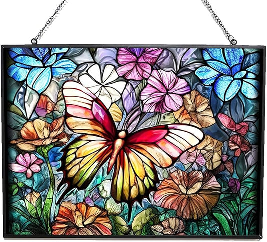 Rectangle Butterfly Suncatchers for Windows, Stained Glass Window Hangings,Hand-Painted Glass Panel Perfect for Home Décor