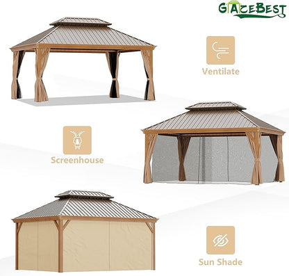 12' X 16' Hardtop Gazebo, Outdoor Aluminum Patio Gazebo Double Roof Galvanized Steel Wooden Finish Coated Canopy with Netting and Curtains for Garden, Patio, Backyard, Deck and Lawns.