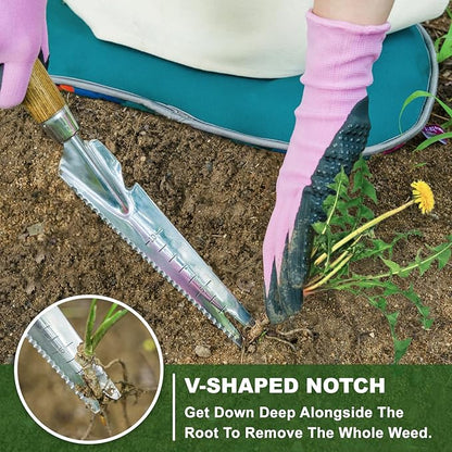 Haliaeetus Multi-Use Weed Trowel, Stainless Steel Dandelion Fork Puller, Serrated Edges Manual Weed Puller for Quick Cutting and Weeding, Garden Weed Trowel with Measuring Scale for Planting, Digging