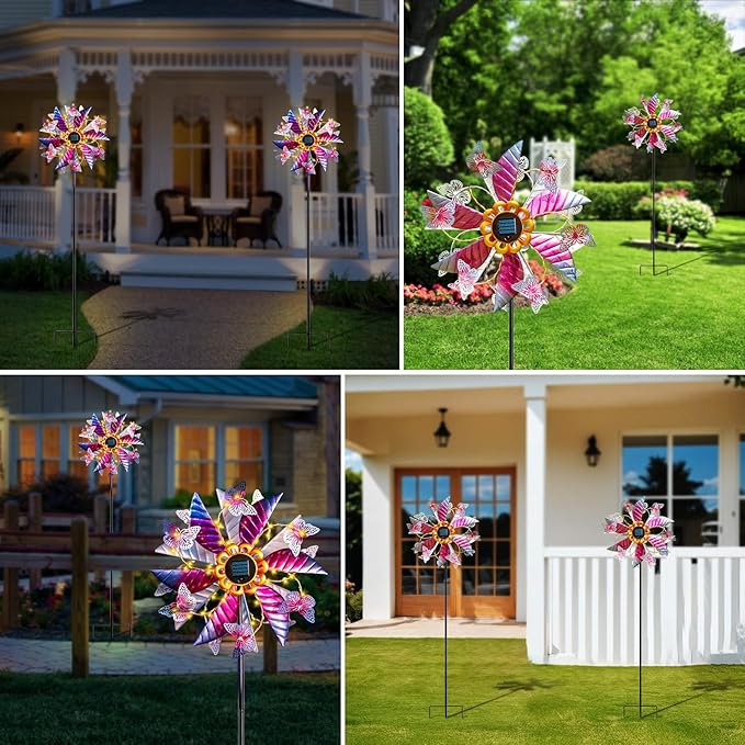 Large Solar Wind Spinners for Yard and Garden - 360° Metal Large Wind Sculptures Outdoor Clearance Kinetic Windmills with Vine String Shining LED Lights for Patio, Lawn Garden Decoration