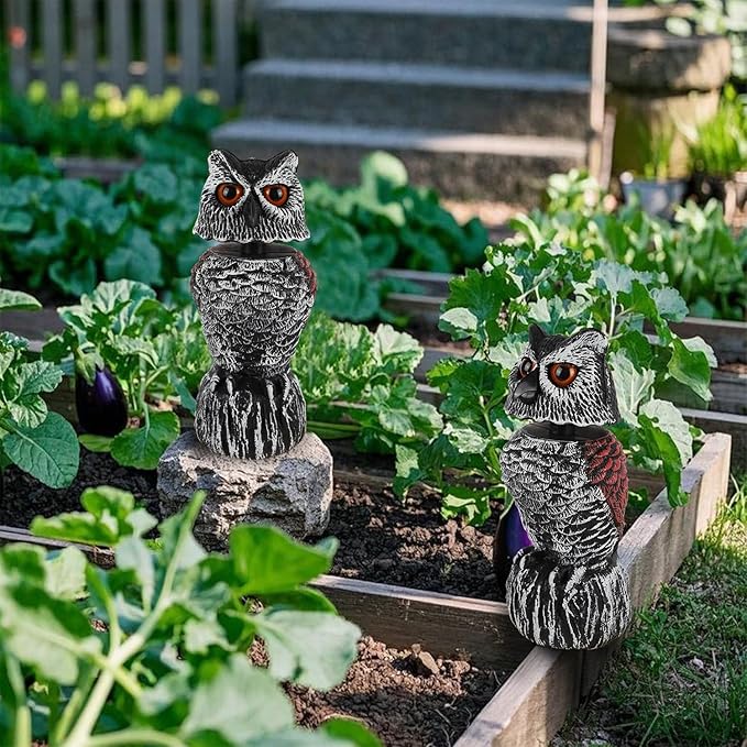 Hausse 2 Pack Fake Owl Decoy to Scare Birds Away, 11.2 inch Wagging Head Plastic Owl Scarecrow Bird Deterrents, Owls Statue Nature Enemy Horned Pest Repellent for Outdoor Garden Yard