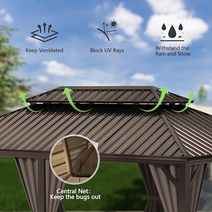 Domi 12x20FT Outdoor Gazebo, Hardtop Gazebo with Galvanized Steel Double Roof, Metal Gazebos with Drainage System Patio Pergola for Patio Deck Backyard,Curtain and Netting,Brown