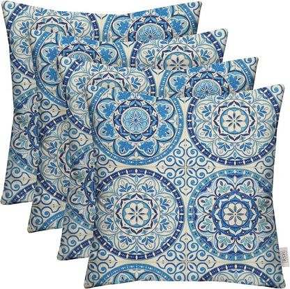 RSH DECOR: Square Throw Pillows Set of 4 | 17” x 17” | All-Weather Spun Fabric | Water and Fade-Resistant | Outdoor Accent Pillows for Patio Furniture | Blue Wheel Indigo