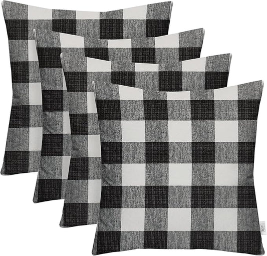 RSH DECOR: Square Throw Pillows Set of 4 | 24” x 24” | All-Weather Spun Fabric | Water and Fade-Resistant | Outdoor Accent Pillows for Patio Furniture | Black Buffalo Plaid