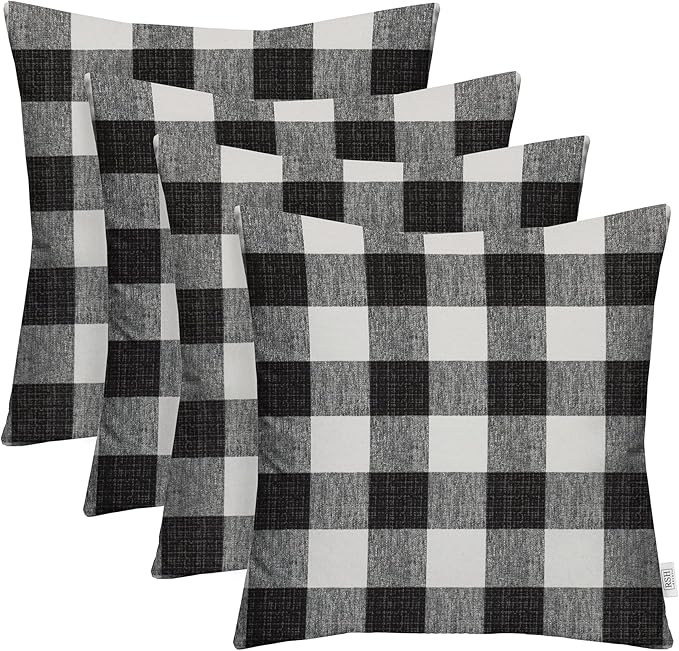 RSH DECOR: Square Throw Pillows Set of 4 | 20” x 20” | All-Weather Spun Fabric | Water and Fade-Resistant | Outdoor Accent Pillows for Patio Furniture | Black Buffalo Plaid
