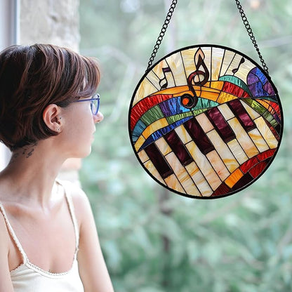 Stained Glass Window Hanging, Piano Notes Sun Catchers Glass Panel Suncatcher Decor for Birthday for Women, Men, Wife, Aunt, and Mom 14.9x14.9 in