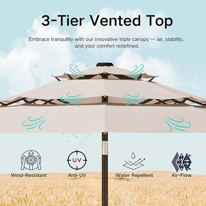 Kingdura 9ft 3-Tier Patio Umbrella, Outdoor Table Umbrella with Easy Crank & Tilt, 8 Reinforced Ribs, UV Protection for Deck, Pool, Market, Backyard (Beige)