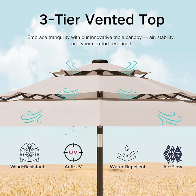 Kingdura 9ft 3-Tier Patio Umbrella with Solar Lights, Table Umbrella Outdoor Patio with Easy Crank & Tilt, 8 Sturdy Ribs, UV Protection, 32 LED Lights for Deck, Poolside, Market (Beige)