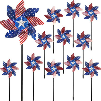 winemana 12 Pack 4th of July Patriotic Pinwheels for Yard & Garden – Reflective American Flag Wind Spinners, Outdoor Bird Deterrents Decorations for Independence Day & Memorial Day (Red White Blue)