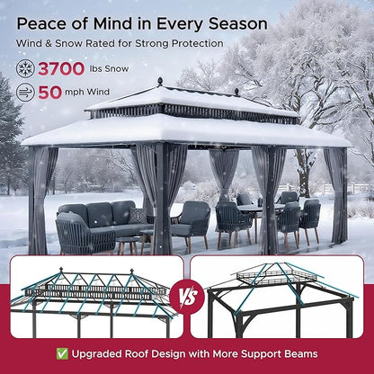 SUNJOY Kingston 20' x 12' Hardtop Gazebo with Galvanized Steel Double Roof, Curtain and Netting, Gray Aluminum Posts Permanent Pavilion Gazebo for Garden, Patio, Deck, Lawn