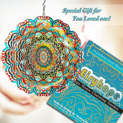 Mandala Wind Spinner - Lucky Star Design | 12-Inch Laser Cut Stainless Steel, Kinetic Hanging Wind Sculpture for Garden, Porch, Patio, Home | Outdoor 3D Metal Windcatcher & Yard Art
