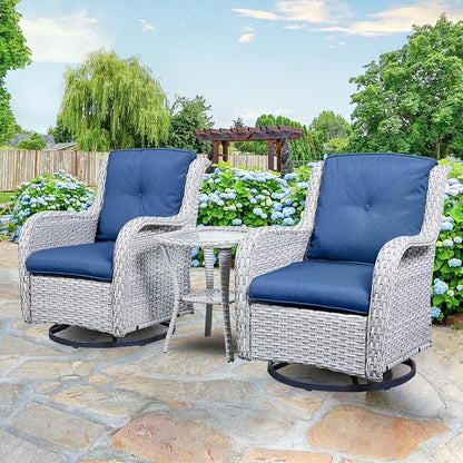 HUMMUH 3-Piece Swivel Rocking Rattan Chair Outdoor,Patio Bistro Furniture Conversation Set,Wicker Chair with Glass Side Table(Light Grey,Blue)
