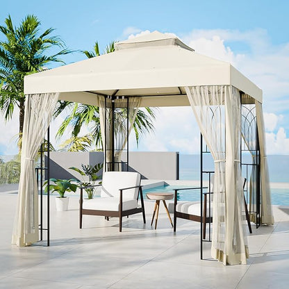 COOS BAY 8x8 Outdoor Patio Gazebo with Netting and Corner Shelves, Two-Tier Soft Top Canopy for Backyard, Lawn, Deck and Garden, Beige