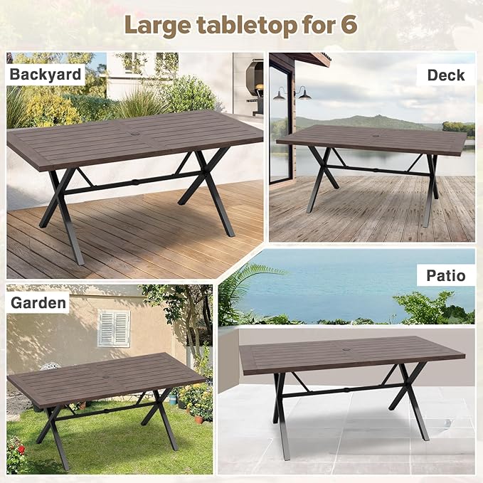 COOS BAY Echo Vibe Outdoor Dining Table with Umbrella Hole, Natural Wood Patio Dining Table for 6, Patio Furniture Set, Brown