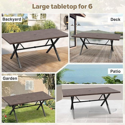 COOS BAY Echo Vibe Outdoor Dining Table with Umbrella Hole, Natural Wood Patio Dining Table for 6, Patio Furniture Set, Brown