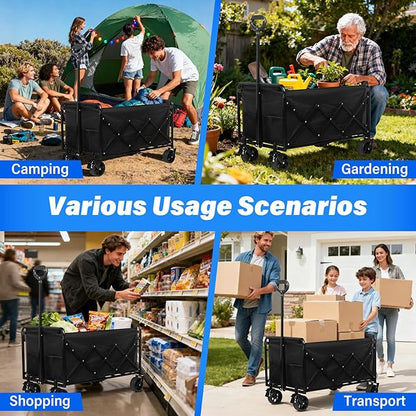 Wagons Carts Foldable, 500 Lbs with Adjustable Handle, Black Lightweight Portable, Collapsible Wagon for Camping, Shopping, Sports, Travel, Garage and Gardening Storage with Drink Holders