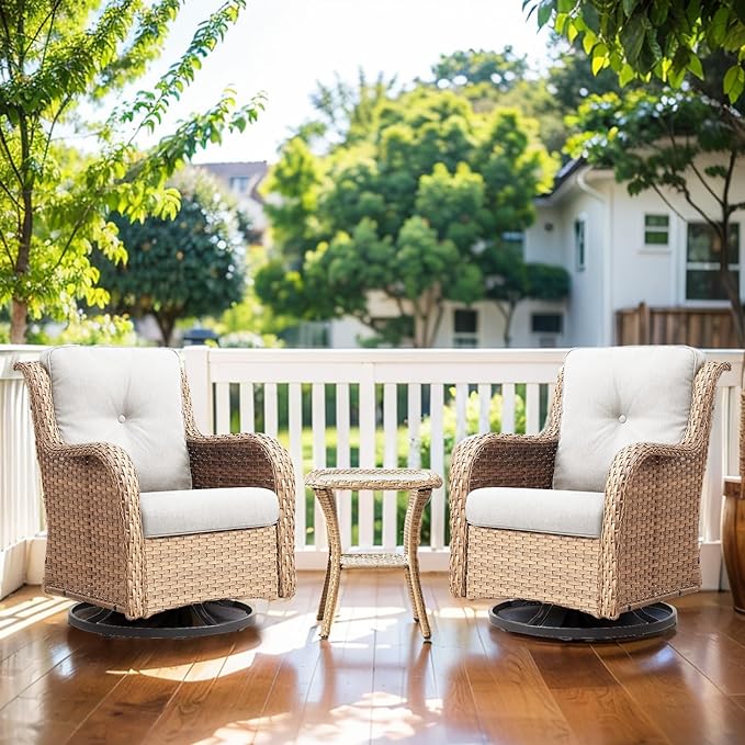Luxury Wicker Swivel Patio Chairs Set of 3, Outdoor Swivel Rocking Chairs with Side Table, Outdoor Bistro Set for Patio, Porch, Yard, Deck, Poolside, Yellow/Beige