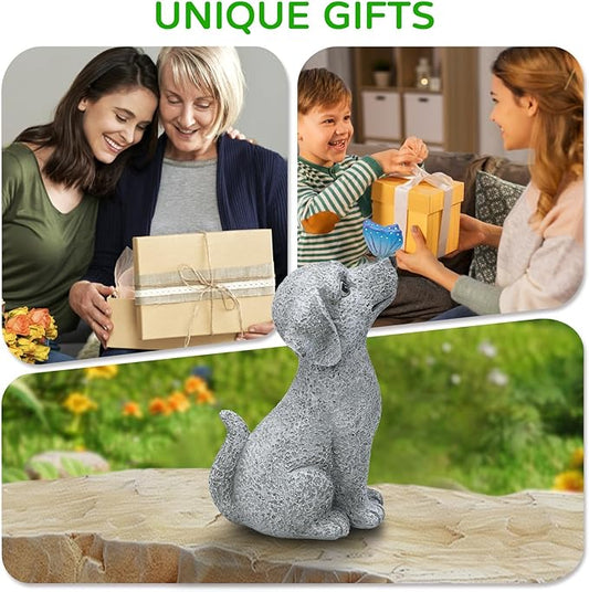 WENYLE Solar Garden Outdoor Statues Dog with Butterfly Lights, Lawn Decor Puppy Figurine for Patio Balcony Yard, Yard Unique Christmas Birthdays Gift for Mom Grandma