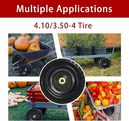 10" Solid Tires (4-Pack) - 4.10/3.50-4 Flat-Free Replacement Wheels for Gorilla Carts, Wheelbarrows, Garden Carts & Utility Wagons - 5/8" Axle Bore 2.1" Hub