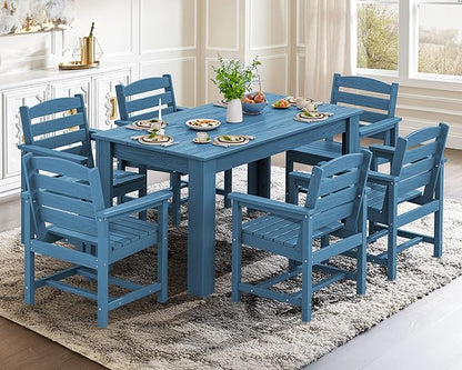 SERWALL Patio Dining Set for 6, Outdoor Dining Sets for 6 Person with 1 Umbrella Hole Cut-Out Rectangular Table and 6 Chairs, HDPE Dining Sets for Garden, Backyard, Poolside, Blue