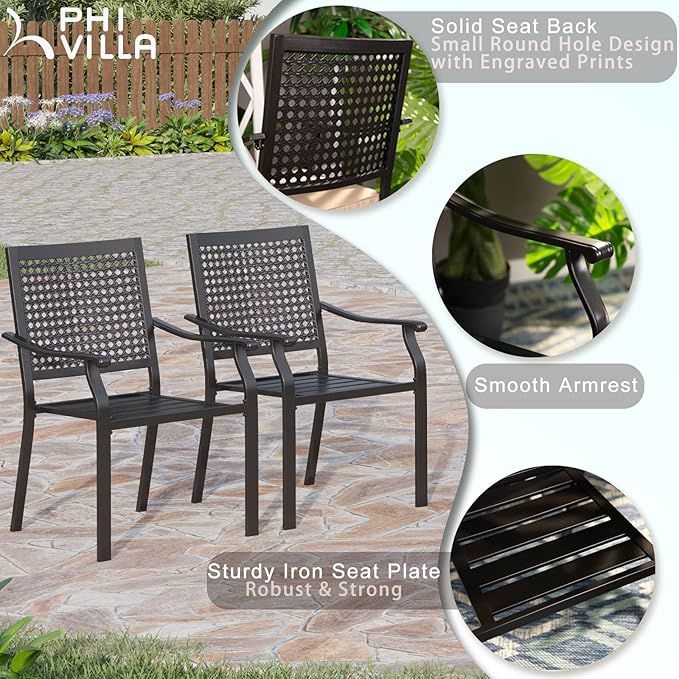 PHI VILLA 7 Pieces Patio Dining Set for 6 with 13ft Large Patio Umbrella, Metal Outdoor Stackable Wrought Iron Chair Set of 6 & 60"X38" Metal Dining Table,Market Table Dark Blue Umbrella
