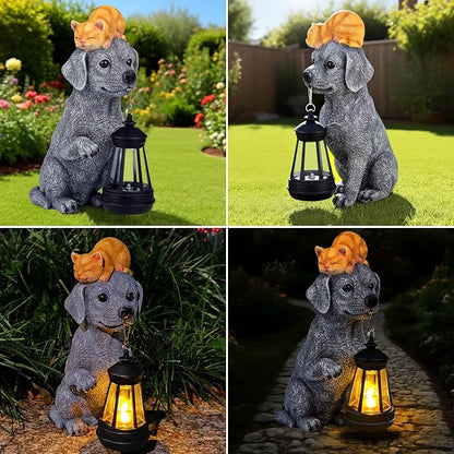 ILLUMINEW Solar Dog Garden Statue with Lantern and Sleeping Cat – Resin Pet Figurine Light for Outdoor Yard Decor, Gifts for Women, Mom, Grandma