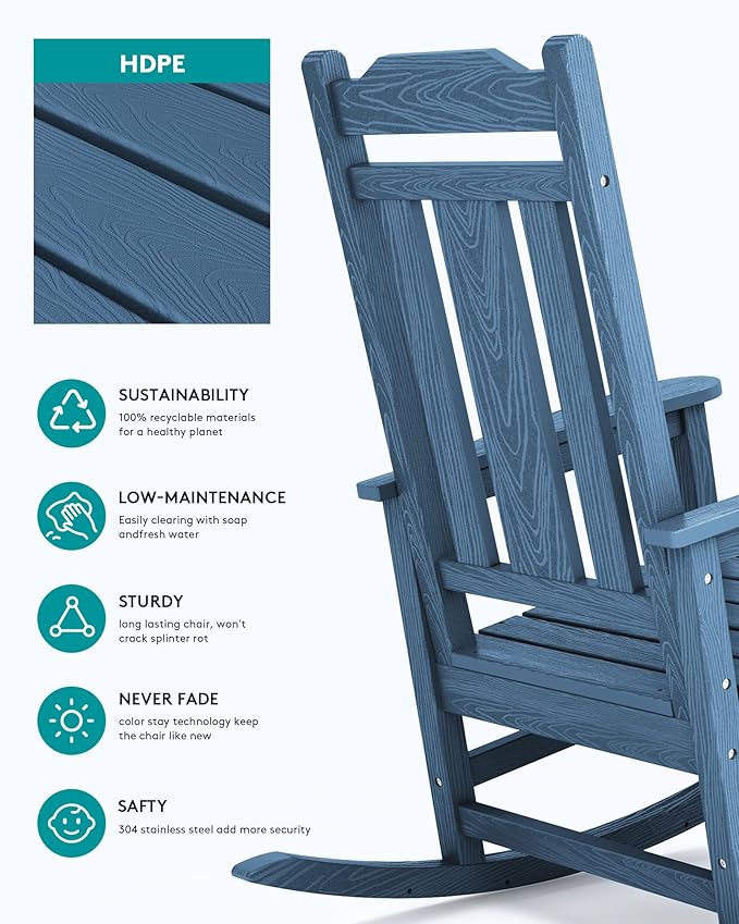 SERWALL Oversized Rocking Chair Set of 2 Outdoor, HDPE Outdoor Rocking Chair Set of 2, Blue