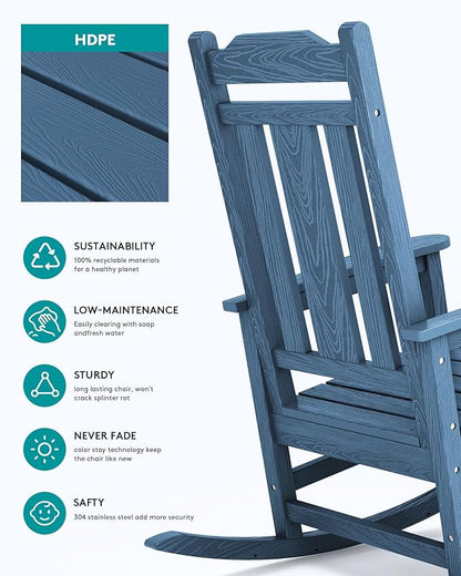 SERWALL Oversized Rocking Chair Set of 2 Outdoor, HDPE Outdoor Rocking Chair Set of 2, Blue