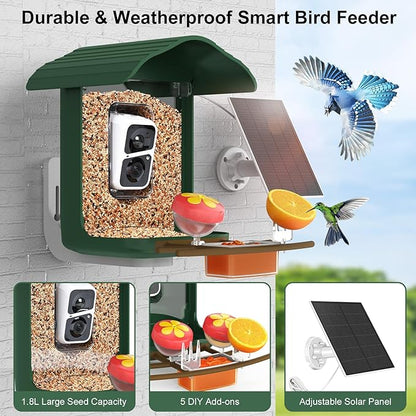 birdsnap® PAV- Smart Bird Feeder with Camera Solar Powered, 64GB Card & 2K HD Record Video Bird Camera Live with 5 DIY Add-ons, AI Identify Auto Capture, Ideal Gift for Birds Lover