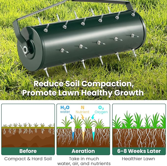 Goplus Rolling Lawn Aerator, 21-Inch Garden Yard Rotary Push Tine Filled Sand Stone, Heavy Duty Spike Soil Aeration w/Metal Handle, Fillable Drum 51" Manual Lawn Aeration Tool Garden Grass Patio Yard