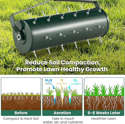 Goplus Rolling Lawn Aerator, 21-Inch Garden Yard Rotary Push Tine Filled Sand Stone, Heavy Duty Spike Soil Aeration w/Metal Handle, Fillable Drum 51" Manual Lawn Aeration Tool Garden Grass Patio Yard