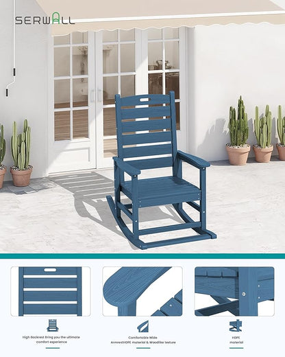 SERWALL Oversized Outdoor Rocking Chair, HDPE Patio Rocking Chair with Footrest for Adults, All Weather Porch Rocker for Deck Patio Balcony, Navy